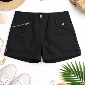Urban Life Black Cotton Cargo Shorts Size 15/16 Drawstring Utility Cuffed NWOT